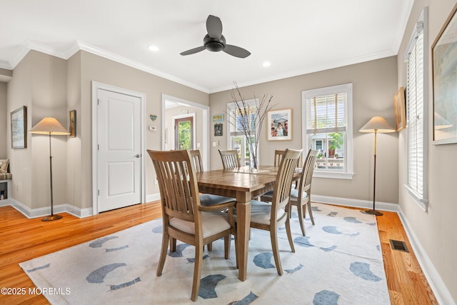 91 Cookman Ave, Ocean Grove, NJ 07756 - dining room featuring light wood finished floors, crown molding, baseboards, ceiling fan, and recessed lighting