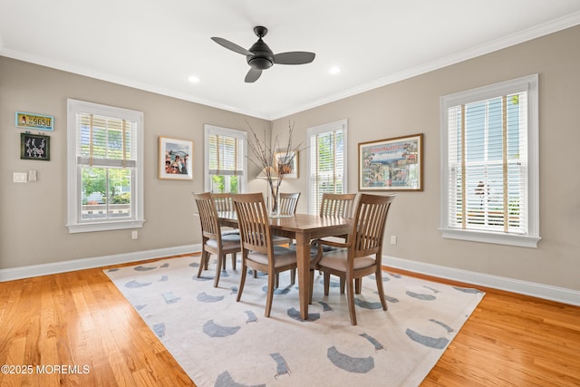 91 Cookman Ave, Ocean Grove, NJ 07756 - dining room with baseboards, crown molding, wood finished floors, a ceiling fan, and recessed lighting