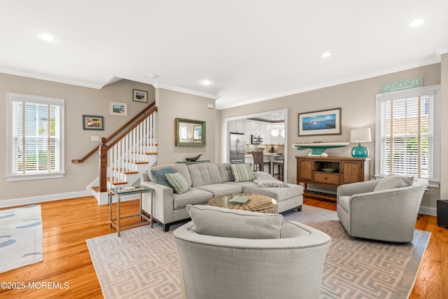 91 Cookman Ave, Ocean Grove, NJ 07756 - living room featuring crown molding, stairs, wood finished floors, baseboards, and recessed lighting