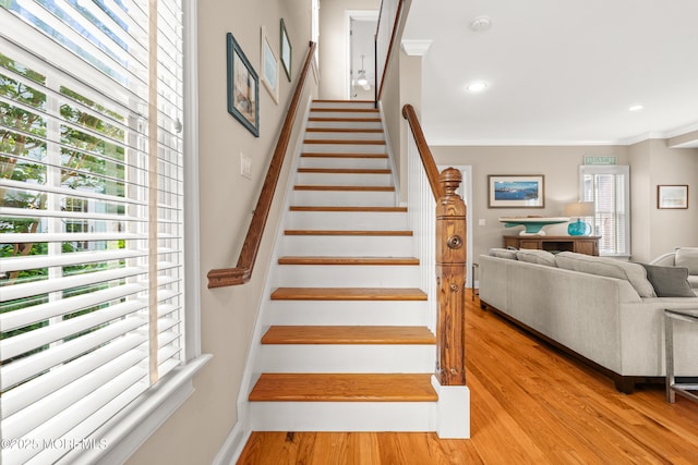 91 Cookman Ave, Ocean Grove, NJ 07756 - stairs featuring wood finished floors, crown molding, and recessed lighting