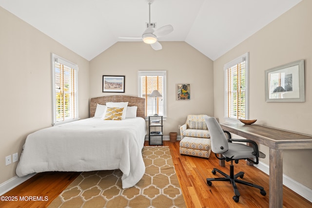 91 Cookman Ave, Ocean Grove, NJ 07756 - bedroom featuring wood finished floors, baseboards, a desk, lofted ceiling, and a ceiling fan