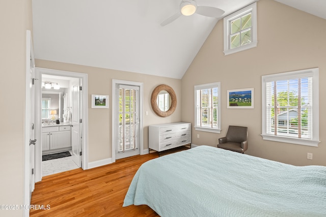 91 Cookman Ave, Ocean Grove, NJ 07756 - bedroom featuring access to outside, light wood-style flooring, ensuite bathroom, high vaulted ceiling, and ceiling fan