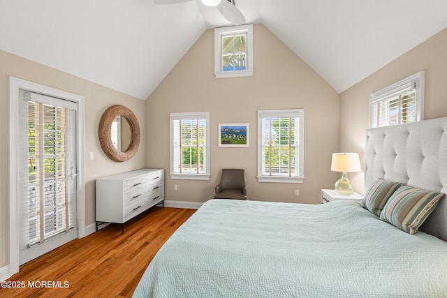 91 Cookman Ave, Ocean Grove, NJ 07756 - bedroom with access to exterior, light wood-style floors, baseboards, a ceiling fan, and high vaulted ceiling