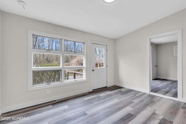entryway with baseboards and wood finished floors