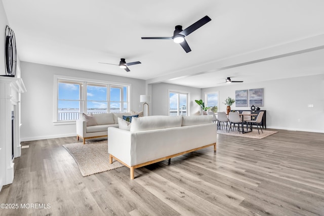 living room with a ceiling fan, plenty of natural light, wood finished floors, and baseboards