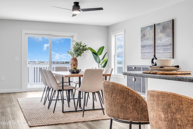 dining area with ceiling fan, light wood-type flooring, baseboards, and a water view