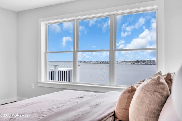 bedroom with multiple windows and a water view