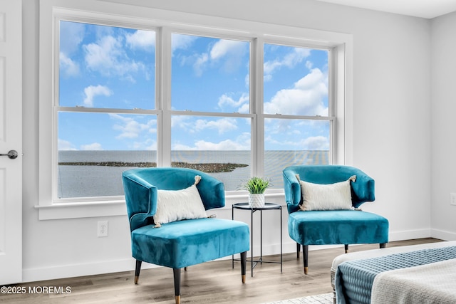 living area with wood finished floors, baseboards, and a water view