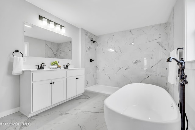 full bath featuring marble finish floors, a freestanding bath, double vanity, a shower, and baseboards