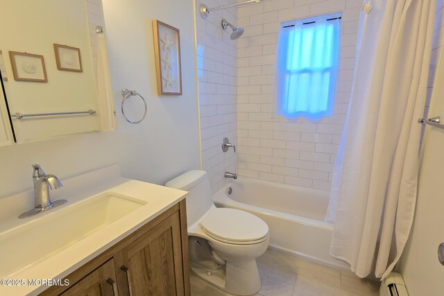 full bath featuring vanity, tile patterned flooring, shower / tub combo, toilet, and baseboard heating