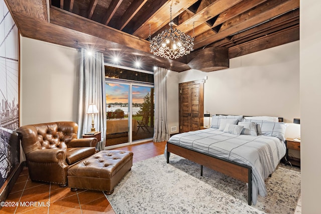 bedroom with tile patterned flooring, a notable chandelier, access to outside, and beamed ceiling