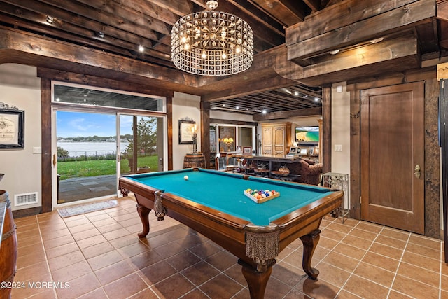 rec room featuring tile patterned floors, billiards, a chandelier, and visible vents