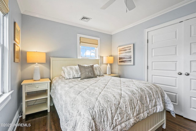 bedroom featuring dark wood-style floors, visible vents, ornamental molding, baseboards, and ceiling fan