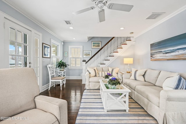 living area featuring stairway, hardwood / wood-style flooring, ceiling fan, visible vents, and recessed lighting