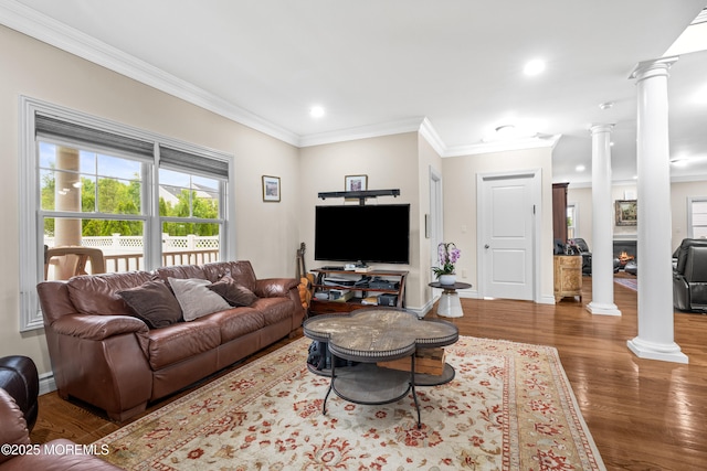 4 Friendship Ln, West Long Branch, NJ 07764 - living room featuring decorative columns, recessed lighting, ornamental molding, wood finished floors, and baseboards