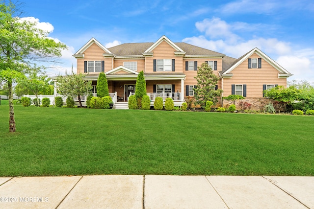 4 Friendship Ln, West Long Branch, NJ 07764 - view of front of house featuring a porch, a front yard, a shingled roof, and stone siding