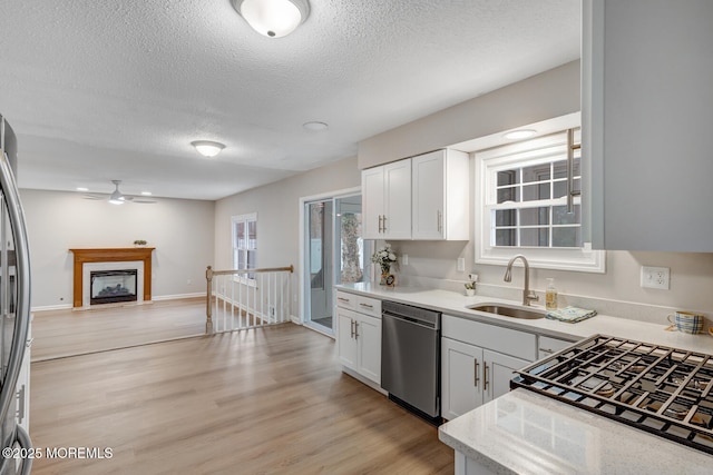 kitchen featuring white cabinets, light wood-type flooring, a sink, dishwasher, and a ceiling fan