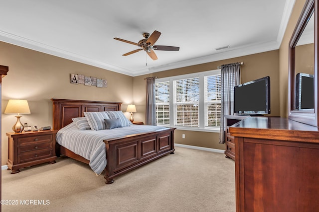 bedroom featuring light carpet, baseboards, visible vents, and crown molding