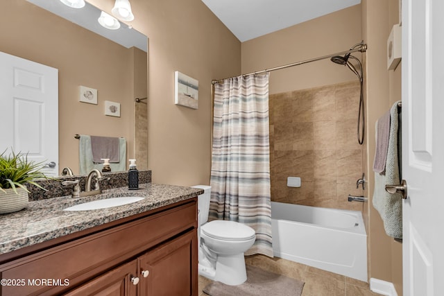 full bath with toilet, shower / bath combination with curtain, tile patterned floors, and vanity