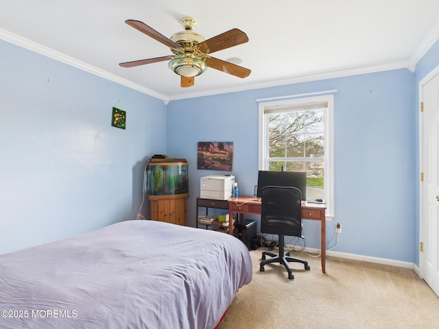 carpeted bedroom with ceiling fan, ornamental molding, and baseboards