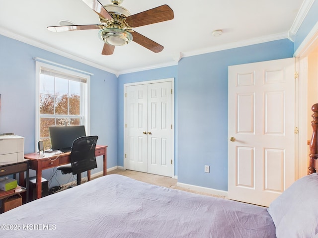bedroom featuring light colored carpet, crown molding, and baseboards