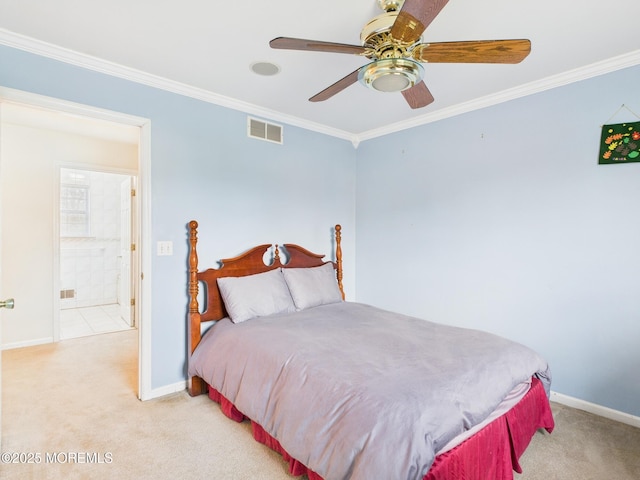 carpeted bedroom with visible vents, ornamental molding, and baseboards