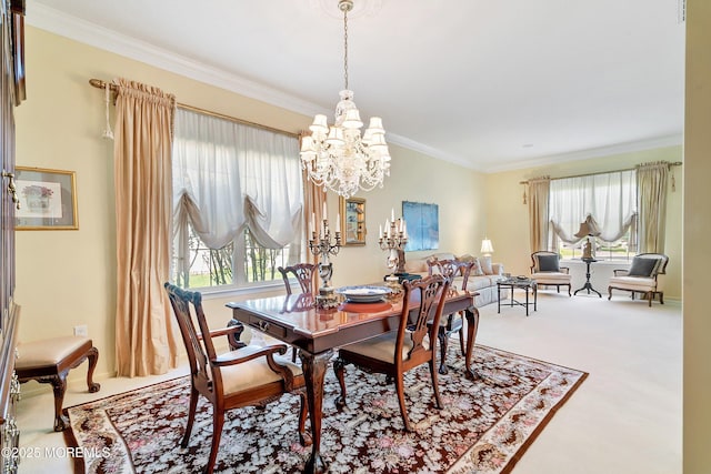 1505 Wishing Well Ln, Manasquan, NJ 08736 - carpeted dining space featuring a chandelier, ornamental molding, and healthy amount of natural light