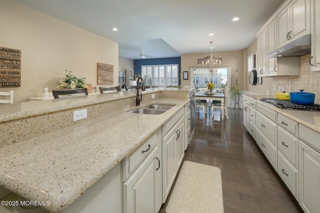 kitchen featuring stainless steel gas stovetop, dark wood-style flooring, under cabinet range hood, a sink, and backsplash