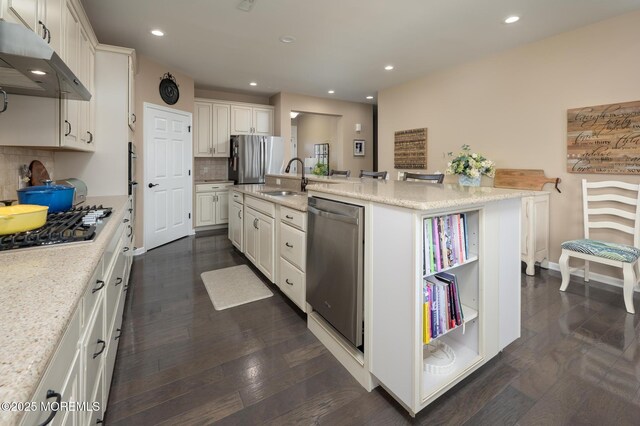 kitchen featuring recessed lighting, under cabinet range hood, a sink, a kitchen island with sink, and appliances with stainless steel finishes