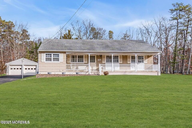 ranch-style house featuring a front yard, an outdoor structure, a detached garage, crawl space, and a porch