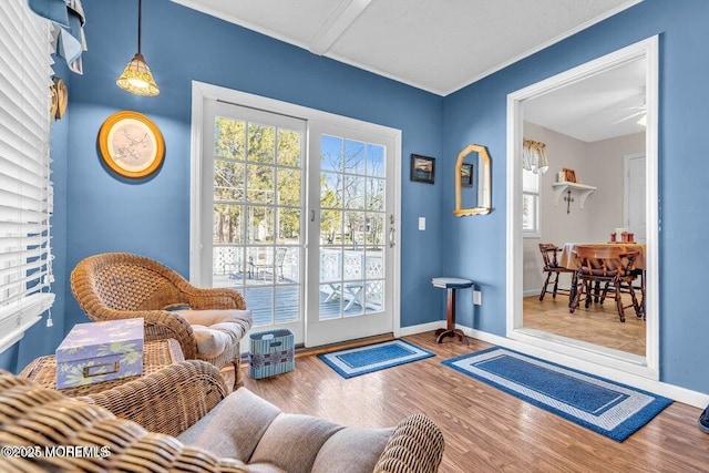 doorway with a ceiling fan, ornamental molding, baseboards, and wood finished floors