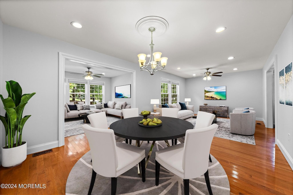 15A Betsy Ross Dr, Monroe, NJ 08831 - dining space with visible vents, recessed lighting, ceiling fan with notable chandelier, and hardwood / wood-style flooring