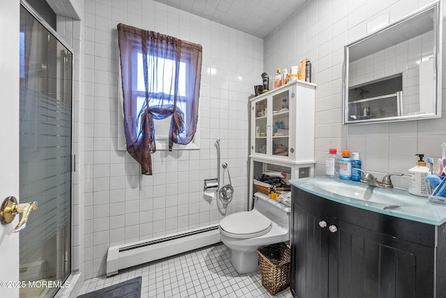 2776 John F Kennedy Blvd, Jersey City, NJ 07306 - bathroom featuring tile patterned floors, tile walls, a baseboard heating unit, and a shower stall