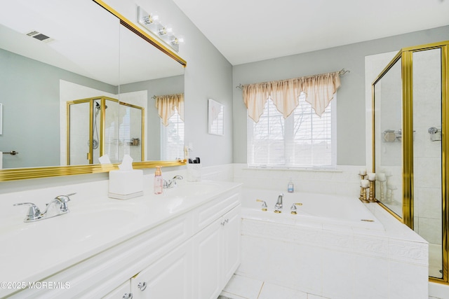 19 Summerhill Ave, Jackson, NJ 08527 - bathroom with a shower stall, a bath, tile patterned flooring, visible vents, and a sink