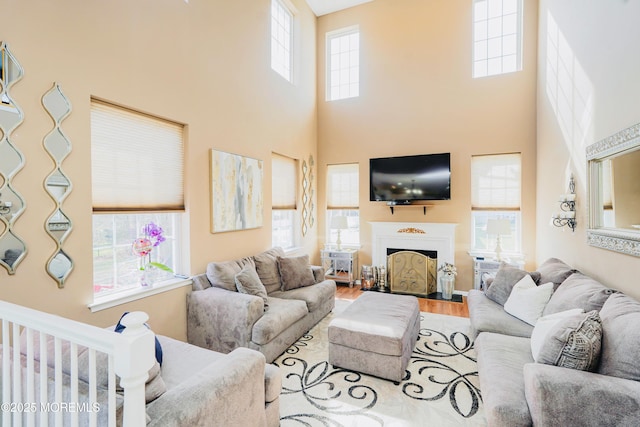 19 Summerhill Ave, Jackson, NJ 08527 - living area featuring a fireplace with flush hearth, a high ceiling, and wood finished floors