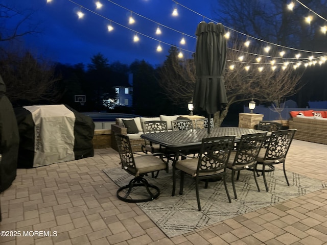 19 Summerhill Ave, Jackson, NJ 08527 - patio at twilight with a grill, outdoor dining space, and a hot tub
