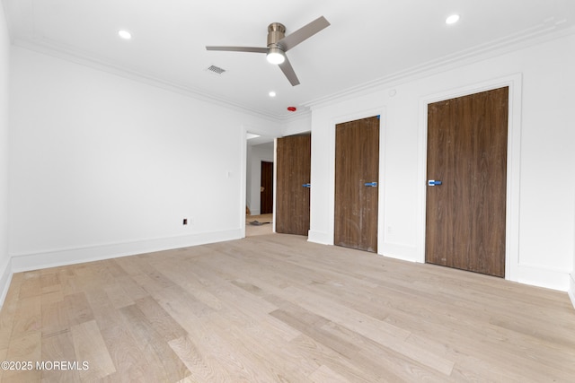 18 Seaview Ave, Long Branch, NJ 07740 - unfurnished bedroom with light wood finished floors, crown molding, two closets, ceiling fan, and recessed lighting
