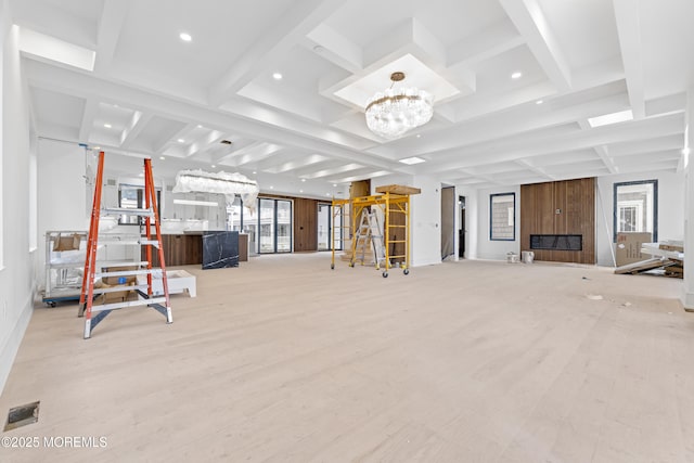 18 Seaview Ave, Long Branch, NJ 07740 - workout room with coffered ceiling, light wood-type flooring, a chandelier, and recessed lighting