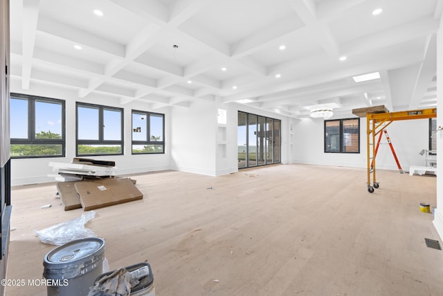 18 Seaview Ave, Long Branch, NJ 07740 - unfurnished living room featuring baseboards, beam ceiling, plenty of natural light, recessed lighting, and coffered ceiling