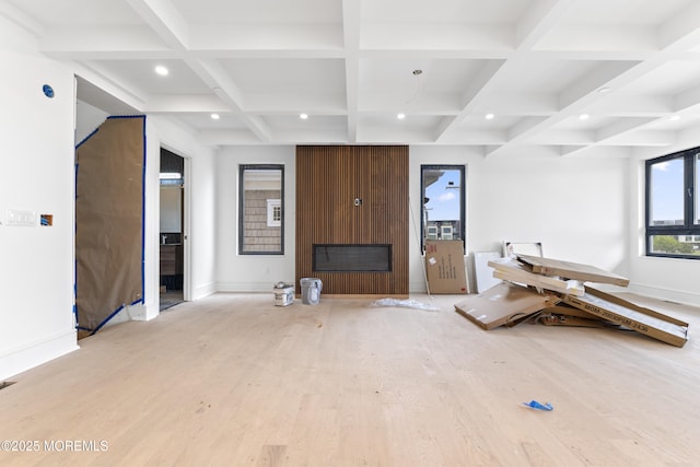 18 Seaview Ave, Long Branch, NJ 07740 - living area featuring wood finished floors, a fireplace, baseboards, coffered ceiling, and beam ceiling