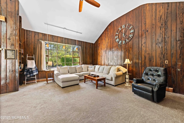 113 Parker Rd, West Long Branch, NJ 07764 - living room featuring carpet, wooden walls, and lofted ceiling