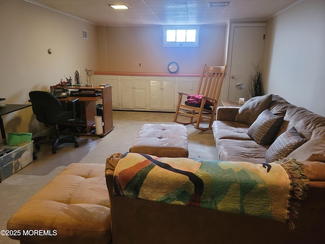living room featuring visible vents, light carpet, and ornamental molding