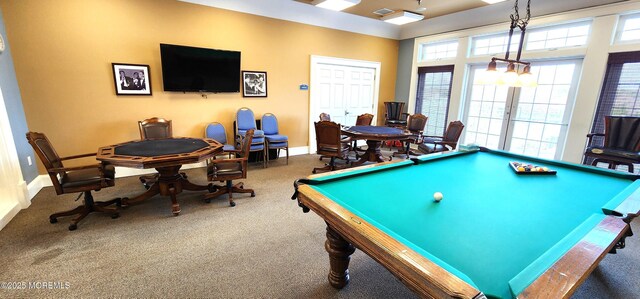 recreation room with baseboards, billiards, and carpet floors