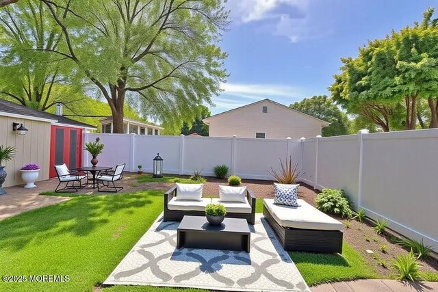 7 Mill Rd, Jamesburg, NJ 08831 - view of patio / terrace with outdoor lounge area, a fenced backyard, and an outbuilding