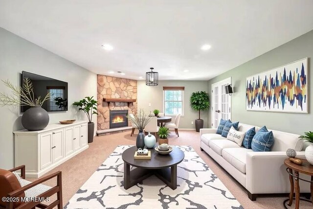 7 Mill Rd, Jamesburg, NJ 08831 - living room featuring a fireplace, recessed lighting, and light carpet