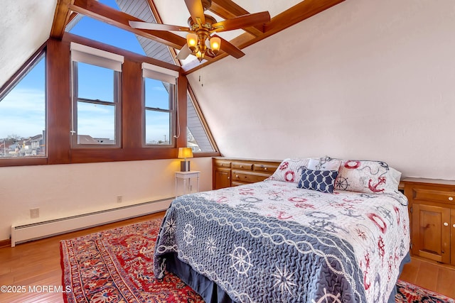 148 Royal Dr, Brick, NJ 08723 - bedroom with ceiling fan, vaulted ceiling with beams, a baseboard heating unit, and wood finished floors