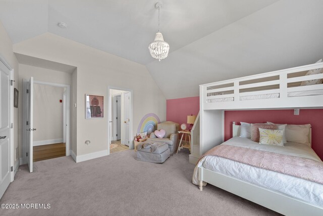 61 Windermere Rd, Lincroft, NJ 07738 - bedroom with baseboards, vaulted ceiling, a chandelier, and light colored carpet