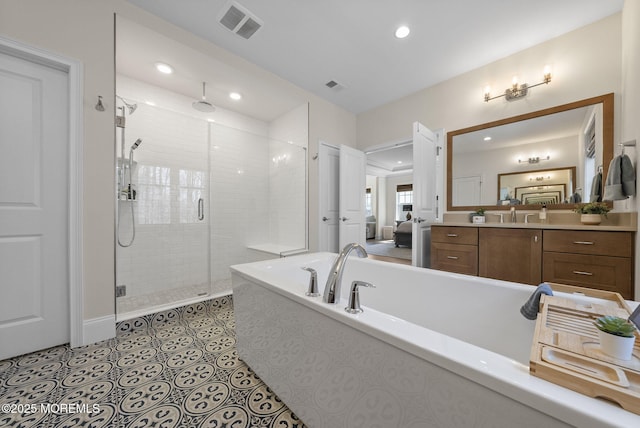 61 Windermere Rd, Lincroft, NJ 07738 - bathroom featuring vanity, a shower stall, tile patterned floors, visible vents, and a freestanding bath