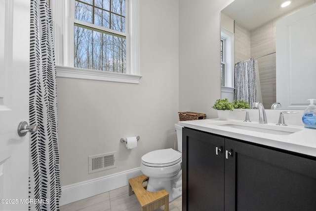 61 Windermere Rd, Lincroft, NJ 07738 - bathroom featuring vanity, toilet, baseboards, visible vents, and curtained shower