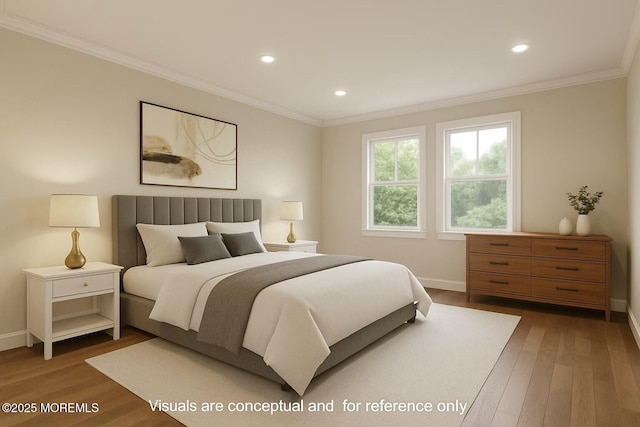 bedroom with crown molding, baseboards, and wood finished floors